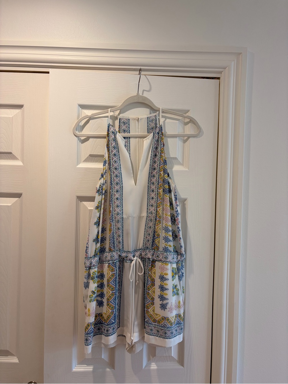 BCBG White Halter Mini Romper with Blue & Yellow Floral Trim